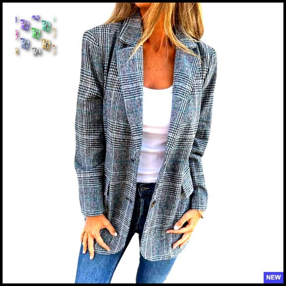 Tweed Blazer Plaid Houndstooth Oversized Business Casual Work Jacket